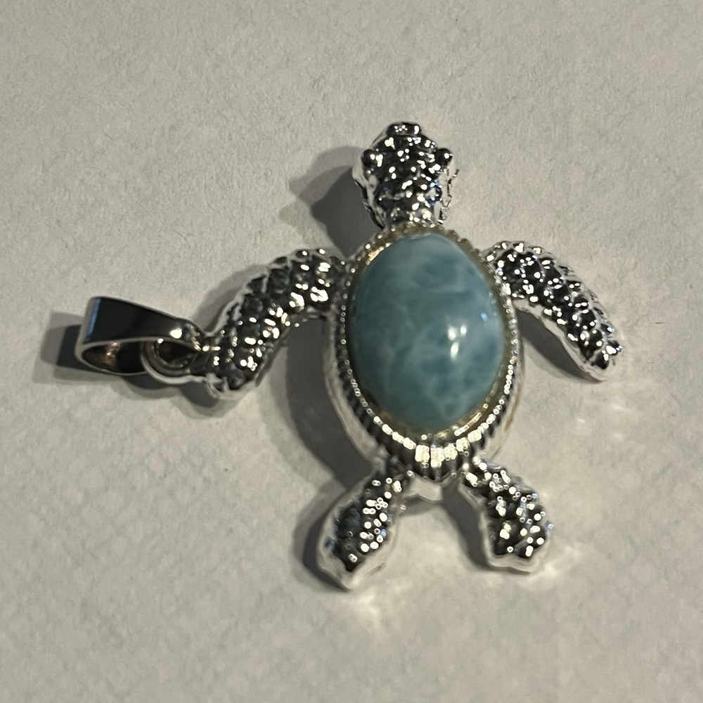 Sterling Silver Sea‎ Turtle Pendant and Blue Larimar Gemstone